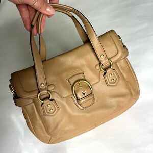 Coach Tan Leather Satchel with Gold-Tone Buckle Accents
